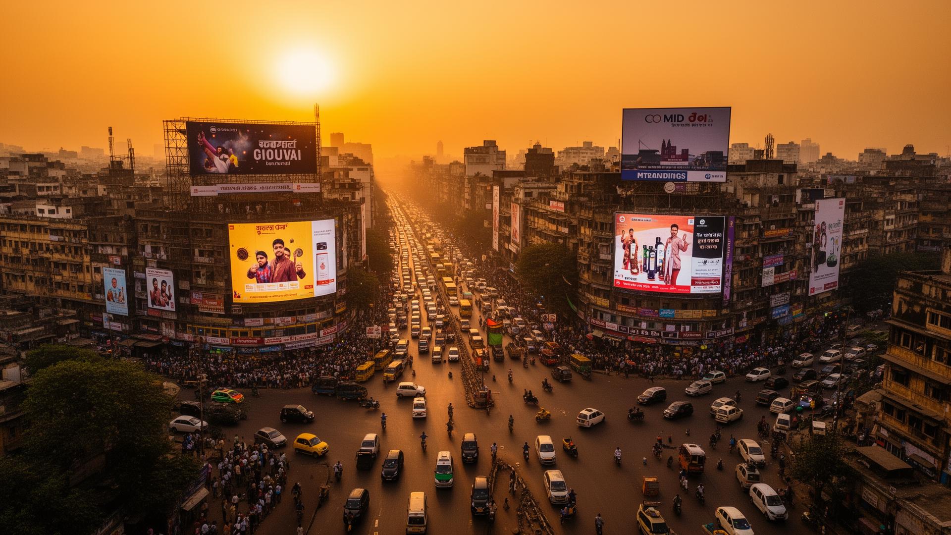 Busy Indian city intersection with billboard hoardings